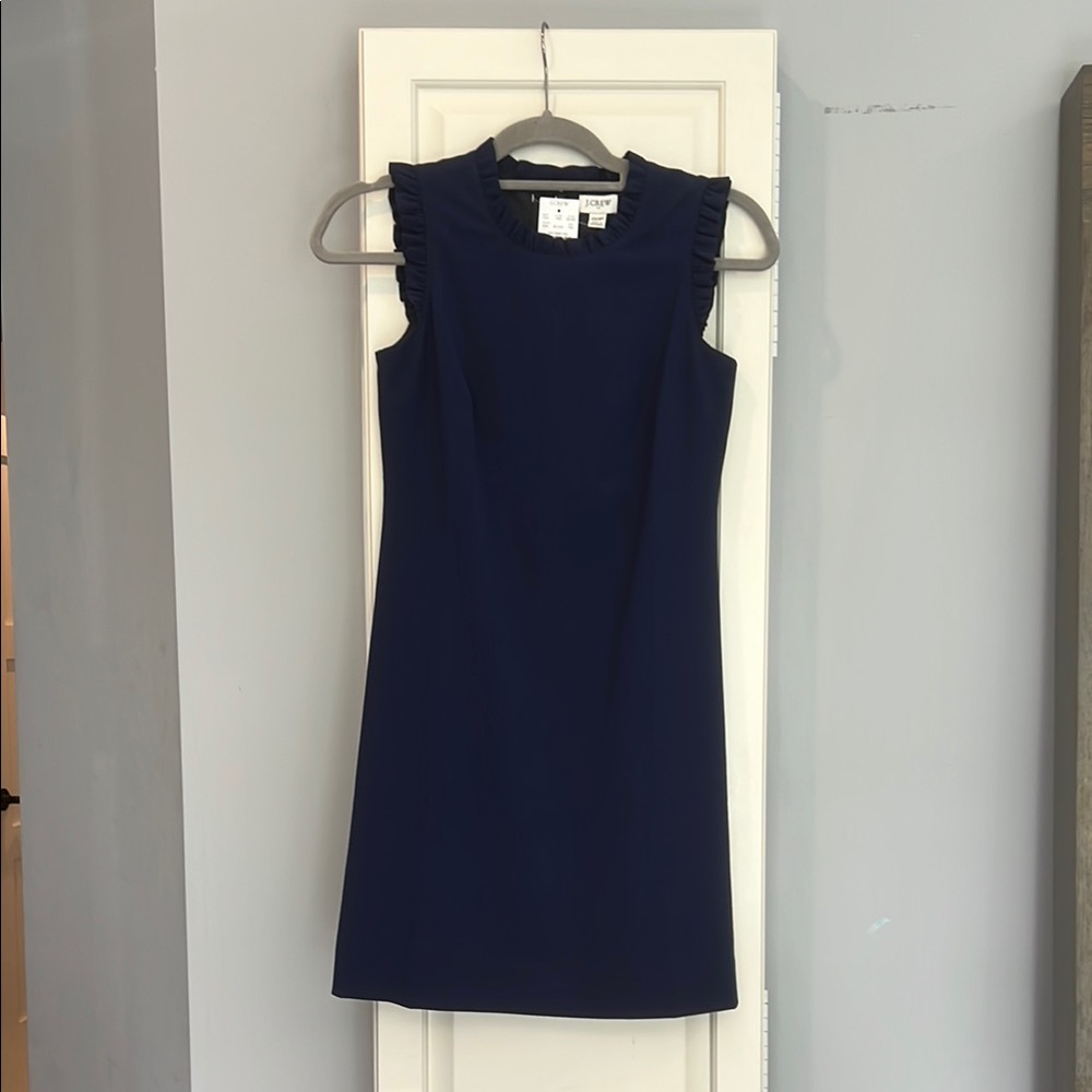 J. Crew Factory Navy Sleeveless Mini Dress with Ruffle Shoulders